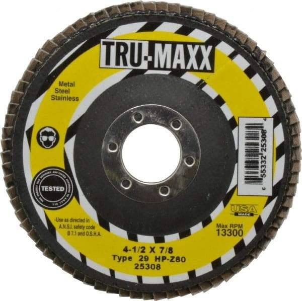 Tru-Maxx - 80 Grit, 4-1/2" Disc Diam, 7/8" Center Hole, Type 29 Zirconia Alumina Flap Disc - 13,300 Max RPM, Arbor Attaching System, Coated - Apex Tool & Supply