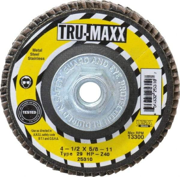Tru-Maxx - 40 Grit, 4-1/2" Disc Diam, 5/8-11 Center Hole, Type 29 Zirconia Alumina Flap Disc - 13,300 Max RPM, Arbor Attaching System, Coated - Apex Tool & Supply
