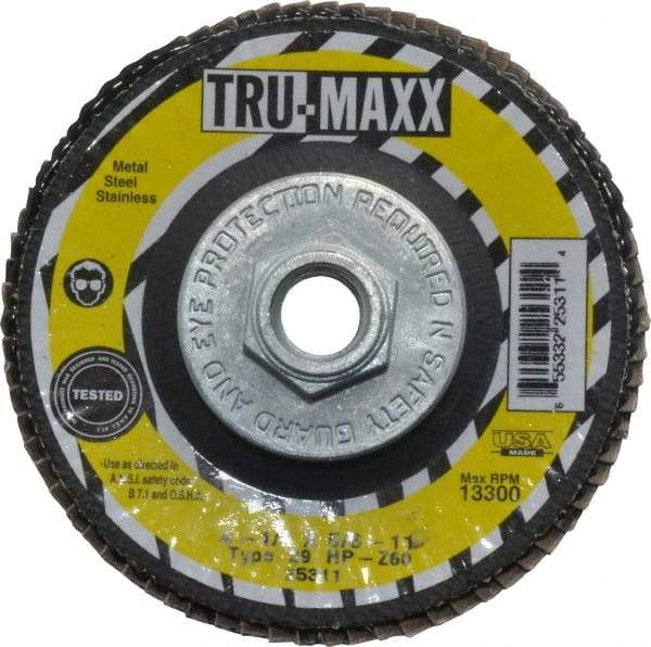 Tru-Maxx - 60 Grit, 4-1/2" Disc Diam, 5/8-11 Center Hole, Type 29 Zirconia Alumina Flap Disc - 13,300 Max RPM, Arbor Attaching System, Coated - Apex Tool & Supply
