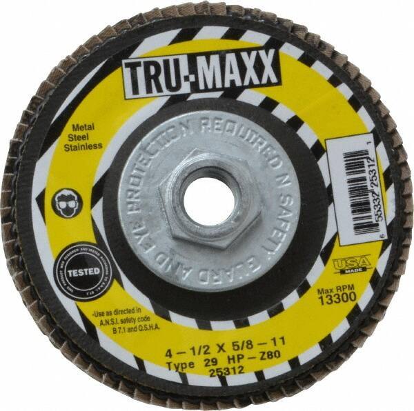 Tru-Maxx - 80 Grit, 4-1/2" Disc Diam, 5/8-11 Center Hole, Type 29 Zirconia Alumina Flap Disc - 13,300 Max RPM, Arbor Attaching System, Coated - Apex Tool & Supply