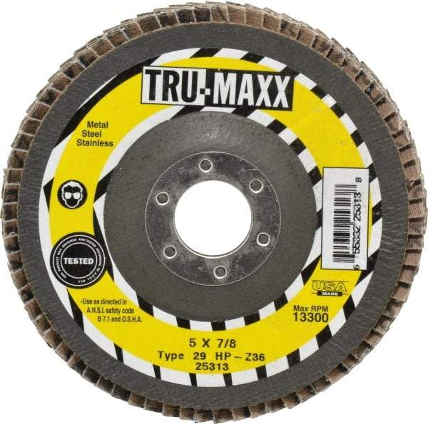 Tru-Maxx - 36 Grit, 5" Disc Diam, 7/8" Center Hole, Type 29 Zirconia Alumina Flap Disc - 12,200 Max RPM, Arbor Attaching System, Coated - Apex Tool & Supply