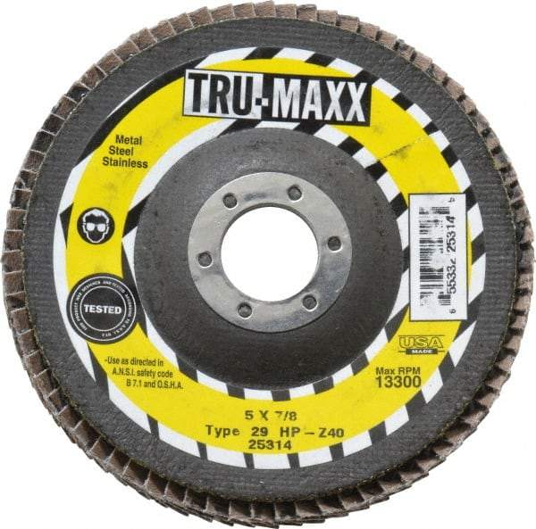 Tru-Maxx - 40 Grit, 5" Disc Diam, 7/8" Center Hole, Type 29 Zirconia Alumina Flap Disc - 12,200 Max RPM, Arbor Attaching System, Coated - Apex Tool & Supply