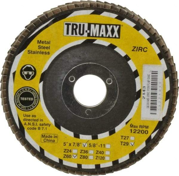 Tru-Maxx - 60 Grit, 5" Disc Diam, 7/8" Center Hole, Type 29 Zirconia Alumina Flap Disc - 12,200 Max RPM, Arbor Attaching System, Coated - Apex Tool & Supply
