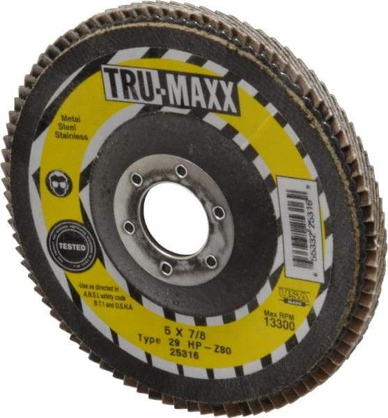 Tru-Maxx - 80 Grit, 5" Disc Diam, 7/8" Center Hole, Type 29 Zirconia Alumina Flap Disc - 12,200 Max RPM, Arbor Attaching System, Coated - Apex Tool & Supply