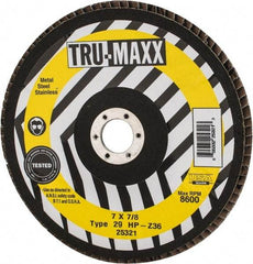 Tru-Maxx - 36 Grit, 7" Disc Diam, 7/8" Center Hole, Type 29 Zirconia Alumina Flap Disc - 8,600 Max RPM, Arbor Attaching System, Coated - Apex Tool & Supply