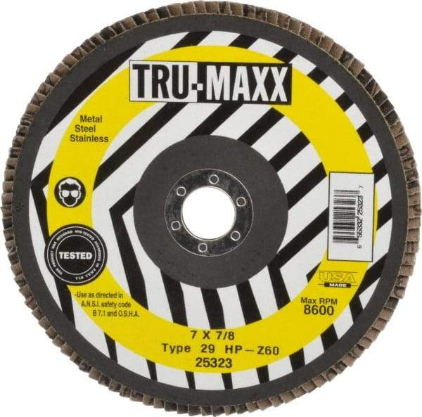 Tru-Maxx - 60 Grit, 7" Disc Diam, 7/8" Center Hole, Type 29 Zirconia Alumina Flap Disc - 8,600 Max RPM, Arbor Attaching System, Coated - Apex Tool & Supply