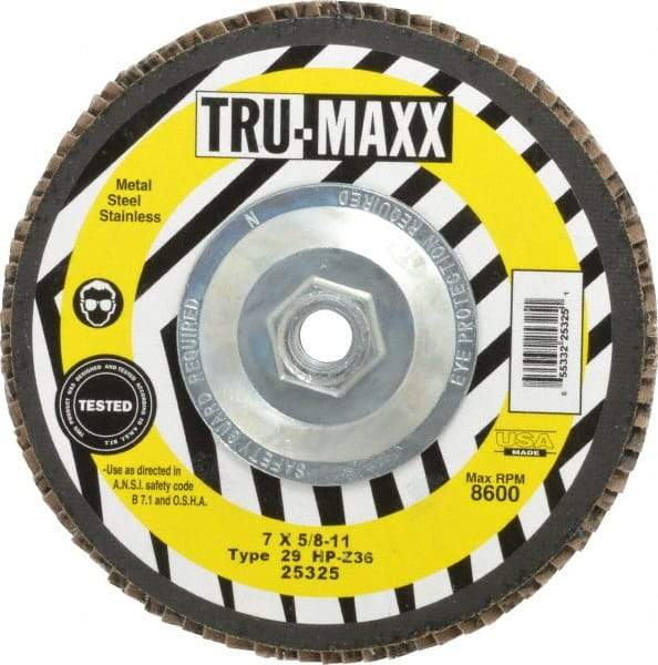Tru-Maxx - 36 Grit, 7" Disc Diam, 5/8-11 Center Hole, Type 29 Zirconia Alumina Flap Disc - 8,600 Max RPM, Arbor Attaching System, Coated - Apex Tool & Supply
