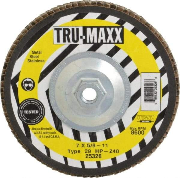 Tru-Maxx - 40 Grit, 7" Disc Diam, 5/8-11 Center Hole, Type 29 Zirconia Alumina Flap Disc - 8,600 Max RPM, Arbor Attaching System, Coated - Apex Tool & Supply
