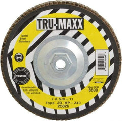 Tru-Maxx - 40 Grit, 7" Disc Diam, 5/8-11 Center Hole, Type 29 Zirconia Alumina Flap Disc - 8,600 Max RPM, Arbor Attaching System, Coated - Apex Tool & Supply