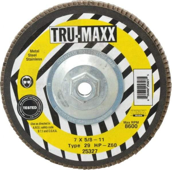 Tru-Maxx - 60 Grit, 7" Disc Diam, 5/8-11 Center Hole, Type 29 Zirconia Alumina Flap Disc - 8,600 Max RPM, Arbor Attaching System, Coated - Apex Tool & Supply