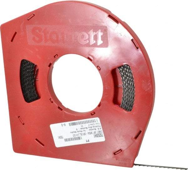 Starrett - 1/4" x 100' x 0.025" Carbon Steel Band Saw Blade Coil Stock - 4 TPI, Toothed Edge, Skip Form, Raker Set, Flexible Back, No Rake Angle, Constant Pitch, Contour Cutting - Apex Tool & Supply