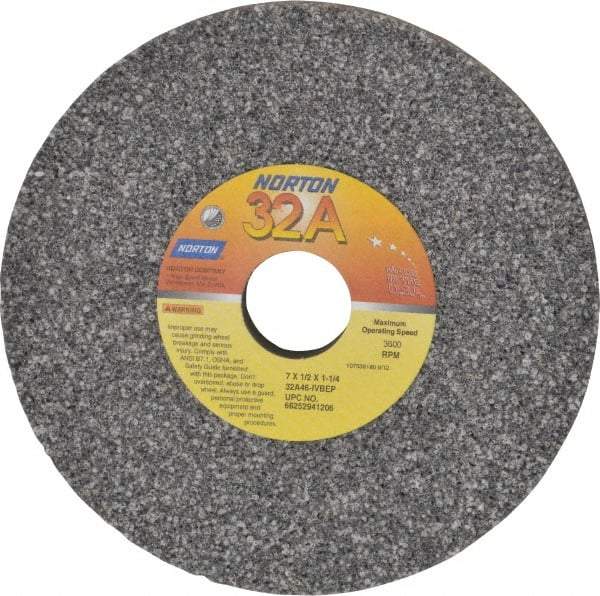Norton - 7" Diam x 1-1/4" Hole x 1/2" Thick, I Hardness, 46 Grit Surface Grinding Wheel - Aluminum Oxide, Type 1, Coarse Grade, 3,600 Max RPM, Vitrified Bond, No Recess - Apex Tool & Supply