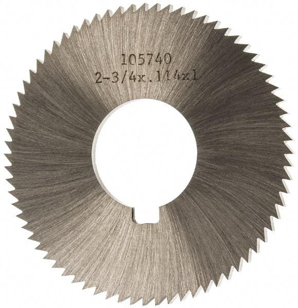 Made in USA - 2-3/4" Diam x 0.114" Blade Thickness x 1" Arbor Hole Diam, 72 Tooth Slitting and Slotting Saw - Arbor Connection, Right Hand, Uncoated, High Speed Steel, Concave Ground, Contains Keyway - Apex Tool & Supply