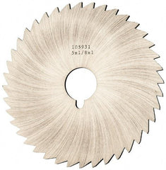 Made in USA - 5" Diam x 1/8" Blade Thickness x 1" Arbor Hole Diam, 40 Tooth Slitting and Slotting Saw - Arbor Connection, Right Hand, Uncoated, High Speed Steel, Concave Ground, Contains Keyway - Apex Tool & Supply