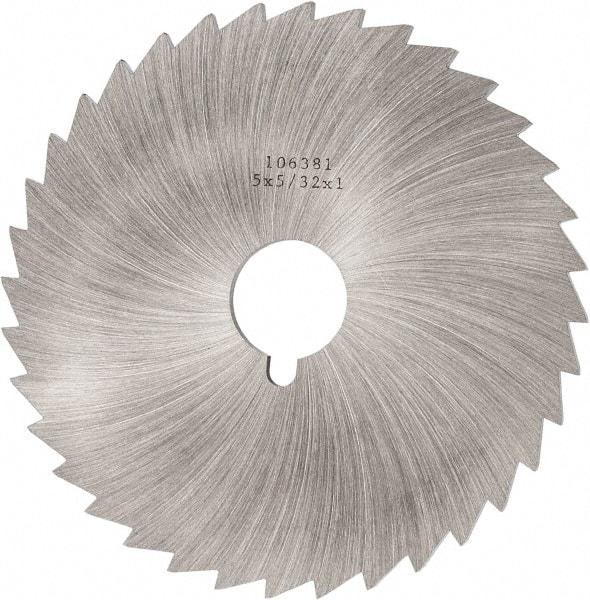 Made in USA - 5" Diam x 5/32" Blade Thickness x 1" Arbor Hole Diam, 36 Tooth Slitting and Slotting Saw - Arbor Connection, Right Hand, Uncoated, High Speed Steel, Concave Ground, Contains Keyway - Apex Tool & Supply