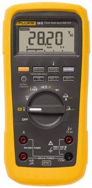 Fluke - 28-II, CAT IV, CAT III, 1,000 VAC/VDC, Digital True RMS Auto Ranging Manual Ranging Multimeter - 50 mOhm, Measures Voltage, Capacitance, Current, Frequency, Resistance, Temperature - Apex Tool & Supply