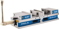 Kurt - 6" Jaw Width, 4" Jaw Opening Capacity, Horizontal Stationary Machine Vise - Manual Operation, 7,460 Lb Capacity, 1 Station, 22.45" Long x 4.853" High x 1-47/64" Deep, 44.07mm Jaw Height - Apex Tool & Supply