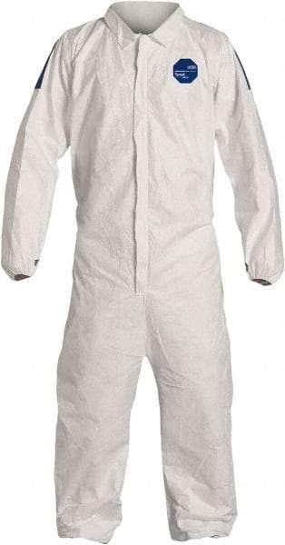 Dupont - Size M Film Laminate General Purpose Coveralls - White/Blue, Zipper Closure, Elastic Cuffs, Elastic Ankles, Serged Seams, Hazard Level D & C - Apex Tool & Supply