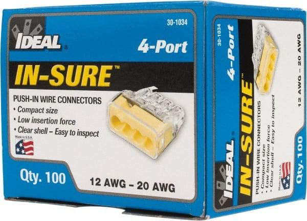 Ideal - 4 Port, 18 to 12 AWG Compatible, Push-In Wire Connector - 0.78" OAL x 0.82" OAW x 0.38" OAH, Yellow - Apex Tool & Supply