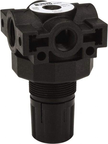 Parker - 3/8 NPT Port, Plastic Miniature Regulator - 0 to 25 psi Range, 150 Max psi Supply Pressure, 1/4" Gauge Port Thread, 2.06" Wide x 3.43" High - Apex Tool & Supply