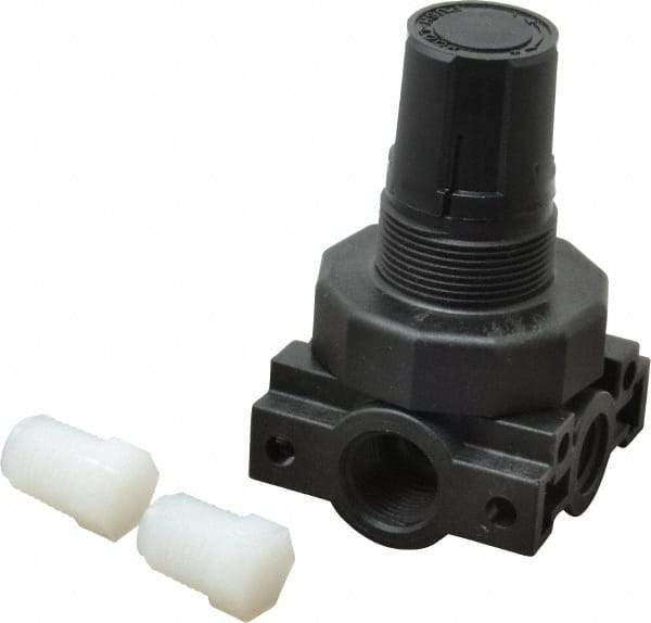 Parker - 3/8 NPT Port, Plastic Miniature Regulator - 0 to 25 psi Range, 150 Max psi Supply Pressure, 1/4" Gauge Port Thread, 2.06" Wide x 3.43" High - Apex Tool & Supply