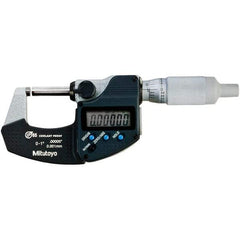 Mitutoyo - 0 to 1" Range, 0.00005" Resolution, Standard Throat IP65 Electronic Outside Micrometer - 0.00005" Accuracy, Ratchet Stop Thimble, Carbide-Tipped Face, SR44 Battery - Apex Tool & Supply