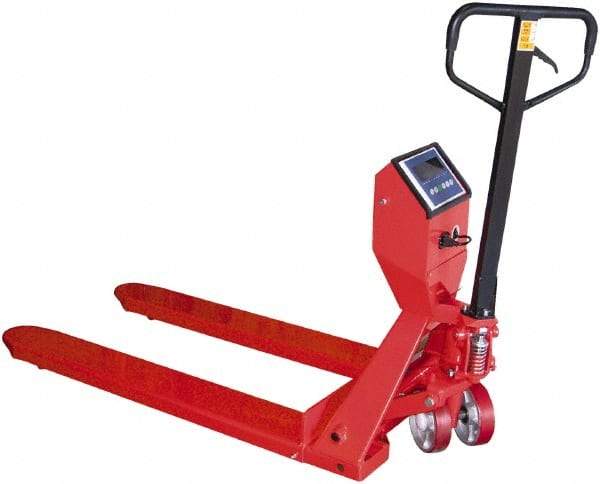 Vestil - 5,000 Lb Capacity, 7-1/2" Lift Scale Pallet Truck - 3" Min Lift Height, 48" Fork Length x 27-1/2" Fork Width, 28" Overall Width - Apex Tool & Supply