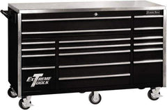 EXTREME TOOLS - 17 Drawer Steel Tool Roller Cabinet - 72" Wide x 46-3/4" High x 30" Deep, Ball Bearing Drawer Slides, Black - Apex Tool & Supply