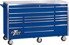EXTREME TOOLS - 17 Drawer Steel Tool Roller Cabinet - 72" Wide x 46-3/4" High x 30" Deep, Ball Bearing Drawer Slides, Blue - Apex Tool & Supply