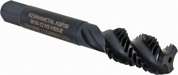 Kennametal - 9/16-12 3 Flute Bottoming Spiral Flute Tap - Vanadium High Speed Steel, Oxide Finish, 3-19/32" OAL, Right Hand Flute, Right Hand Thread, H3, Series GOtap\xAE - Apex Tool & Supply
