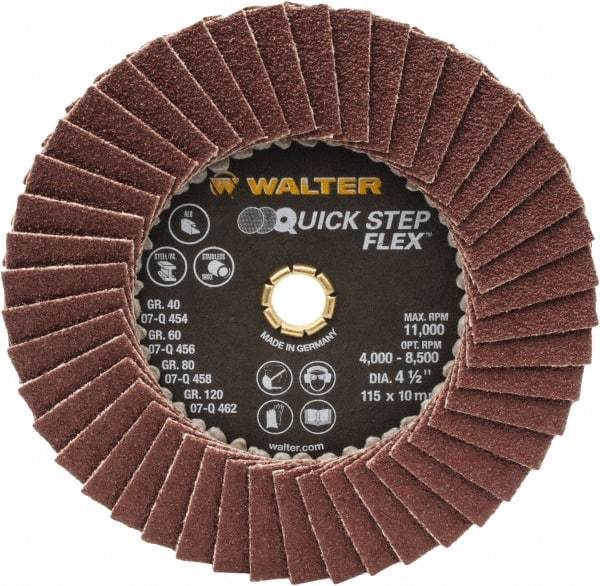 WALTER Surface Technologies - 60 Grit, 4-1/2" Disc Diam, Type 29 Aluminum Oxide Flap Disc - 11,000 Max RPM, Fiber Backing, Arbor Attaching System, Coated - Apex Tool & Supply