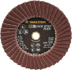WALTER Surface Technologies - 60 Grit, 4-1/2" Disc Diam, Type 29 Aluminum Oxide Flap Disc - 11,000 Max RPM, Fiber Backing, Arbor Attaching System, Coated - Apex Tool & Supply