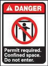 NMC - "Danger - Permit Required - Confined Space - Do Not Enter", 14" Long x 10" Wide, Pressure-Sensitive Vinyl Safety Sign - Rectangle, 0.004" Thick, Use for Accident Prevention - Apex Tool & Supply