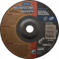Norton - 24 Grit, 7" Wheel Diam, 1/4" Wheel Thickness, 7/8" Arbor Hole, Type 27 Depressed Center Wheel - Ceramic, 8,600 Max RPM, Compatible with Angle Grinder - Apex Tool & Supply