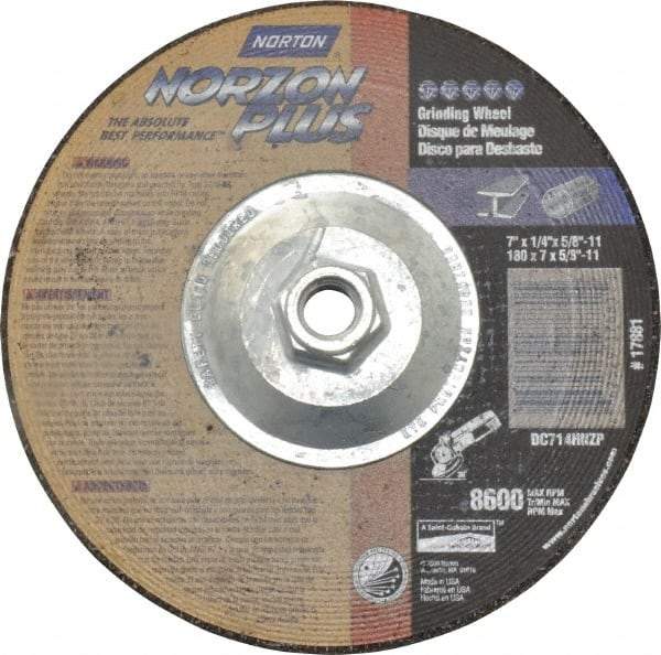 Norton - 24 Grit, 7" Wheel Diam, 1/4" Wheel Thickness, Type 27 Depressed Center Wheel - Ceramic, 8,600 Max RPM, Compatible with Angle Grinder - Apex Tool & Supply