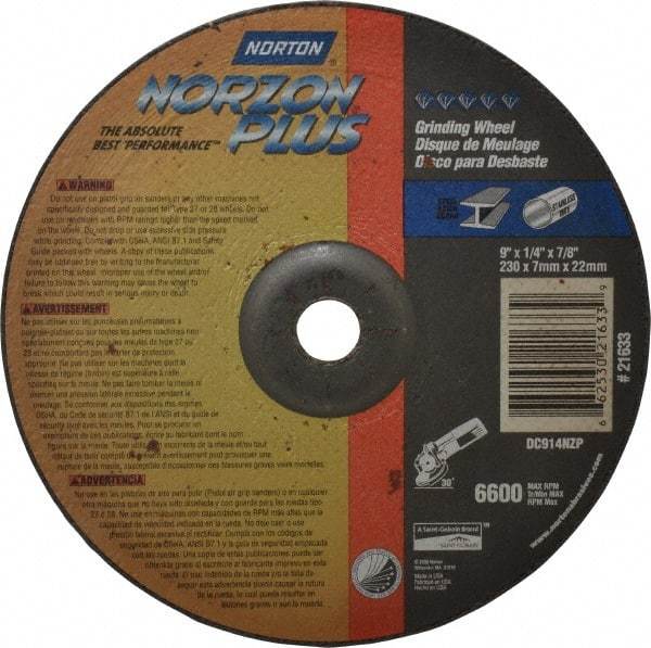 Norton - 24 Grit, 9" Wheel Diam, 1/4" Wheel Thickness, 7/8" Arbor Hole, Type 27 Depressed Center Wheel - Ceramic, 6,600 Max RPM, Compatible with Angle Grinder - Apex Tool & Supply