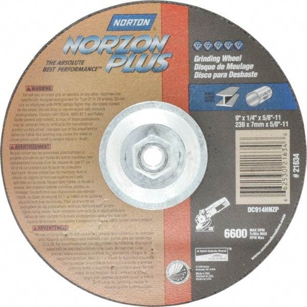 Norton - 24 Grit, 9" Wheel Diam, 1/4" Wheel Thickness, Type 27 Depressed Center Wheel - Ceramic, 6,600 Max RPM, Compatible with Angle Grinder - Apex Tool & Supply