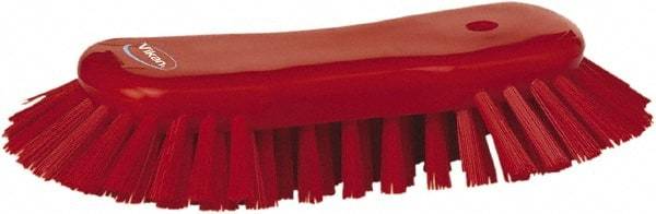 Vikan - 1.3" Bristle Length, Polyester Utility Scrub Brush - 7-3/4" Long x 3" Wide Head, 8" OAL, European Threaded Handle, Red, Polypropylene Block - Apex Tool & Supply