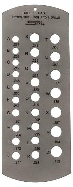 SPI - A Letter to Z Letter Hole Size Drill Gage - 6 Inch Long, 2-1/2 Inch Wide, 26 Holes - Apex Tool & Supply