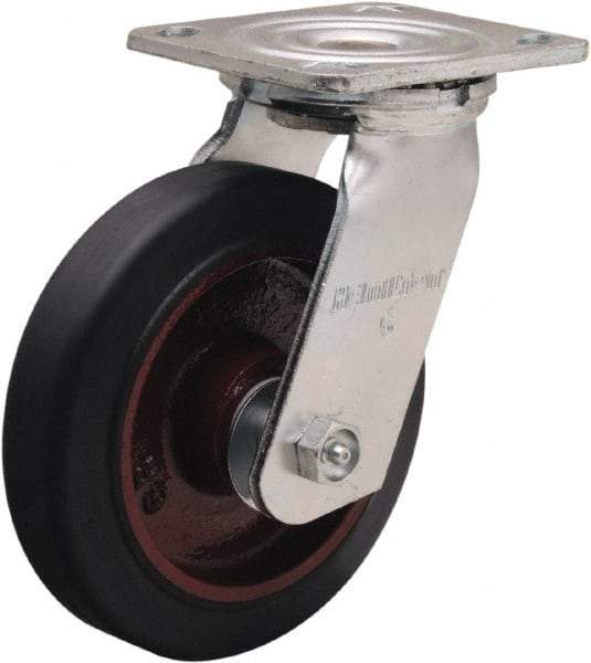 Hamilton - 6" Diam x 1-1/2" Wide x 7-1/2" OAH Top Plate Mount Swivel Caster - Rubber Mold on Cast Iron, 280 Lb Capacity, Straight Roller Bearing, 4 x 4-1/2" Plate - Apex Tool & Supply