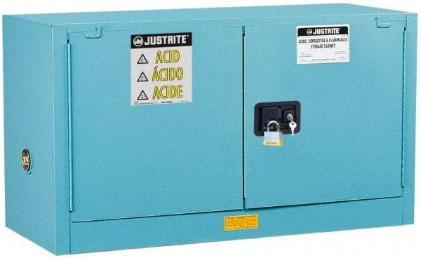 Justrite - 2 Door, 1 Shelf, Blue Steel Stackable Safety Cabinet for Corrosive Chemicals - 24" High x 43" Wide x 18" Deep, Manual Closing Door, 17 Gal Capacity - Apex Tool & Supply
