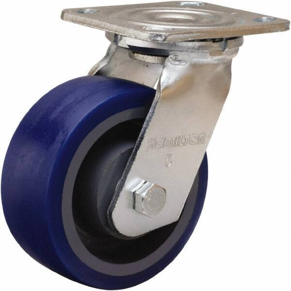 Hamilton - 5" Diam x 2" Wide x 6-1/2" OAH Top Plate Mount Swivel Caster - Polyurethane Mold onto Cast Iron Center, 840 Lb Capacity, Sealed Precision Ball Bearing, 4 x 4-1/2" Plate - Apex Tool & Supply