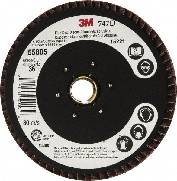 3M - 36 Grit, 4-1/2" Disc Diam, 5/8-11 Center Hole, Type 27 Ceramic Flap Disc - 13,300 Max RPM, Cloth Backing, Arbor Attaching System, Coated - Apex Tool & Supply