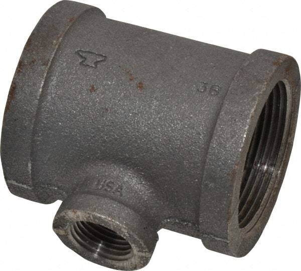 Made in USA - Size 1-1/2 x 1-1/2 x 1/2", Class 150, Malleable Iron Black Pipe Reducing Tee - 300 psi, Threaded End Connection - Apex Tool & Supply