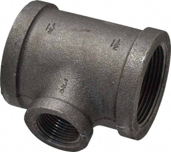 Made in USA - Size 1-1/2 x 1-1/2 x 3/4", Class 150, Malleable Iron Black Pipe Reducing Tee - 300 psi, Threaded End Connection - Apex Tool & Supply
