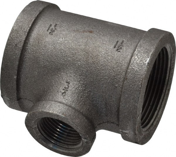 Black Tee: 1-1/2 x 1-1/2 x 3/4″, 150 psi, Threaded Malleable Iron, Black Finish, Class 150