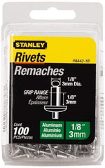 Stanley - Button Head Aluminum Color Coded Blind Rivet - Aluminum Mandrel, 0.062" to 1/8" Grip, 1/4" Head Diam, 0.125" to 0.133" Hole Diam, 0.275" Length Under Head, 1/8" Body Diam - Apex Tool & Supply
