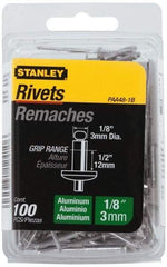 Stanley - Aluminum Color Coded Blind Rivet - Aluminum Mandrel, 3/8" to 1/2" Grip, 1/4" Head Diam, 0.125" to 0.133" Hole Diam, 0.65" Length Under Head, 1/8" Body Diam - Apex Tool & Supply