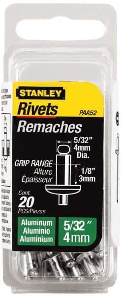 Stanley - Aluminum Color Coded Blind Rivet - Aluminum Mandrel, 0.031" to 1/8" Grip, 5/16" Head Diam, 0.156" to 0.164" Hole Diam, 0.3" Length Under Head, 5/32" Body Diam - Apex Tool & Supply