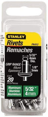Stanley - Aluminum Color Coded Blind Rivet - Aluminum Mandrel, 0.031" to 1/8" Grip, 5/16" Head Diam, 0.156" to 0.164" Hole Diam, 0.3" Length Under Head, 5/32" Body Diam - Apex Tool & Supply